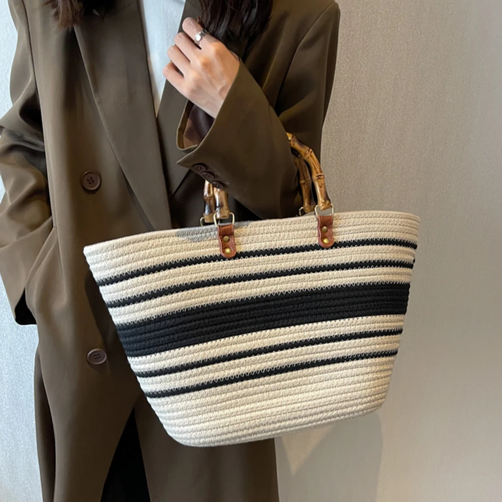 Weave Striped Tote Bag Female Bohemian Shoulder Bags for Women Summer Beach Straw Handbags and Purses Lady Travel Shopping Bags
