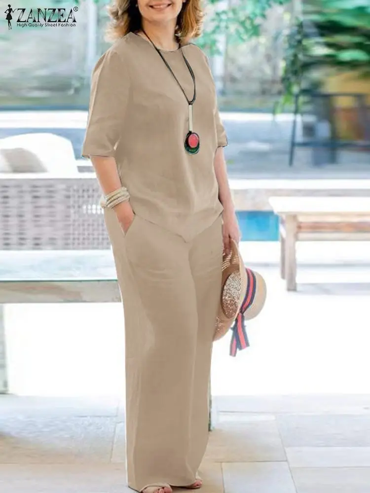 ZANZEA 2PCS Women Outfits Fashion Matching Sets Summer Causal Blouse & Wide Leg Pants Solid Loose Tracksuits Oversize Pantsuits 1