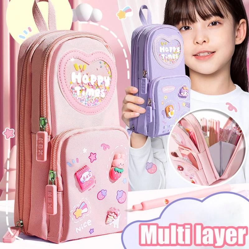 Large-capacity Schoolbag Pencil Case for Girls Cartoon Pencil Box Multi Layer Storage and Standing Cute Kawaii School Supplies