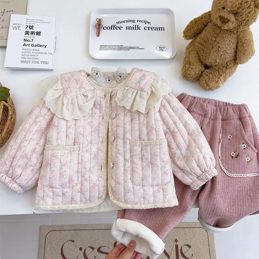 

Two Pieces Autumn Winter Baby Girls Clothes Floral Print Warm Coats Parkas with Pockets Pink Wide Leg Pants Trousers