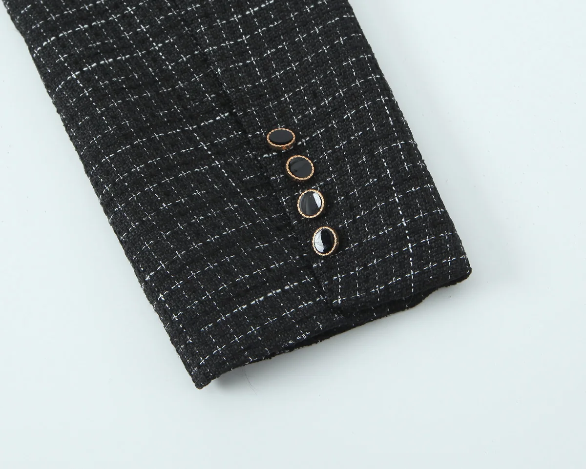 French Style Retro V collar Plaid Woven Tweed Blazer + High Waist Mini Short Skirts Suits 2 pieces 1 Set Black White