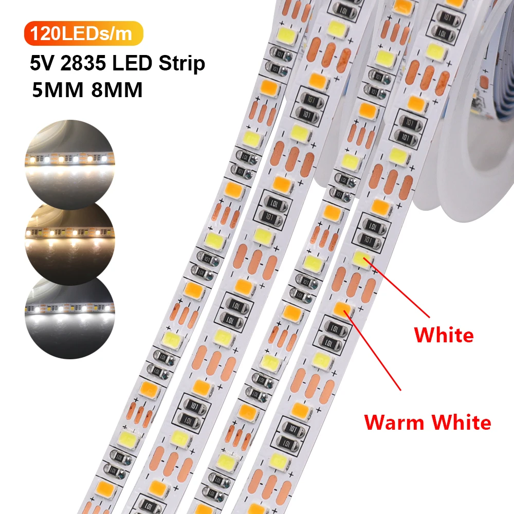 5MM 8MM CCT LED Strip IP20 Not waterproof SMD 2835 120LEDs/m Color Temperature Adjustable Flexible LED Tape Ribbon DC 5V