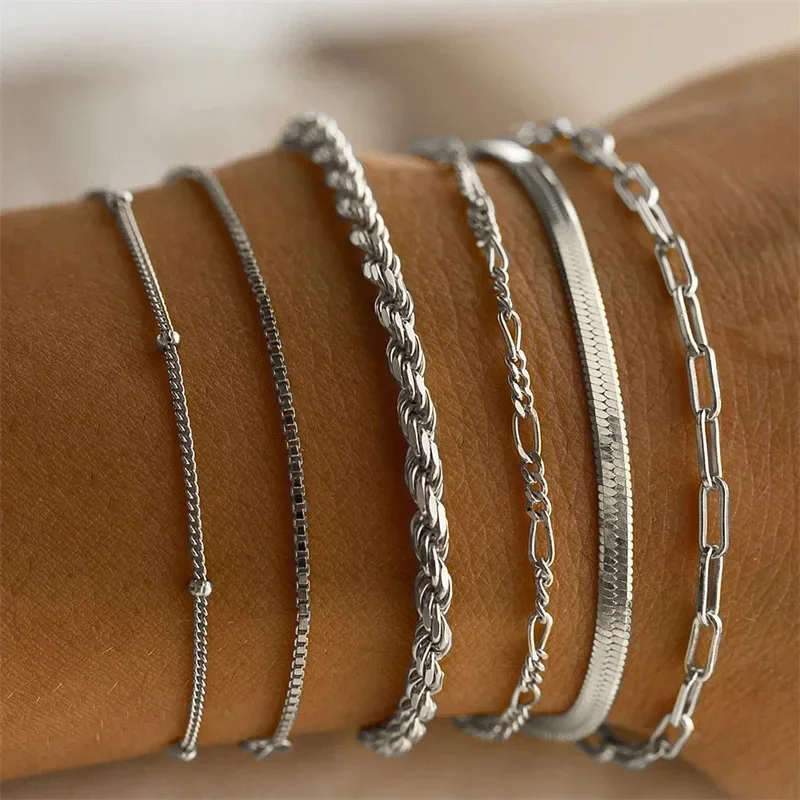 Bracelet Set Boho Retro Thick Twist Cuban Chain 6Pcs for Women