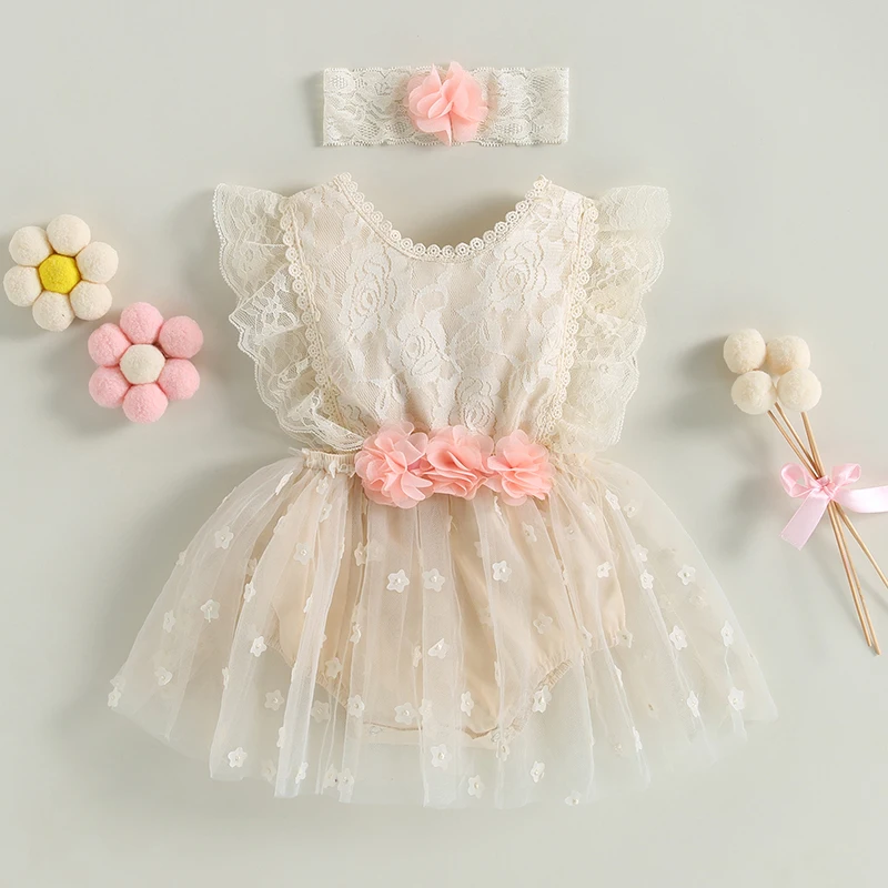

Infant Baby Girl Lace Romper Dress Embroidery Flower Lace Ruffle Sleeve Tutu Bodysuit Birthday Photography Outfit