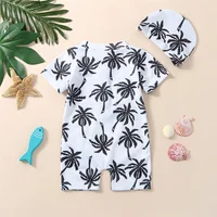 Newborn Baby Infant Boys Swimsuit with Hat Cartoon Tree Print Short Sleeve Round Neck Half Zipper Jumpsuit Bathing Suit 3