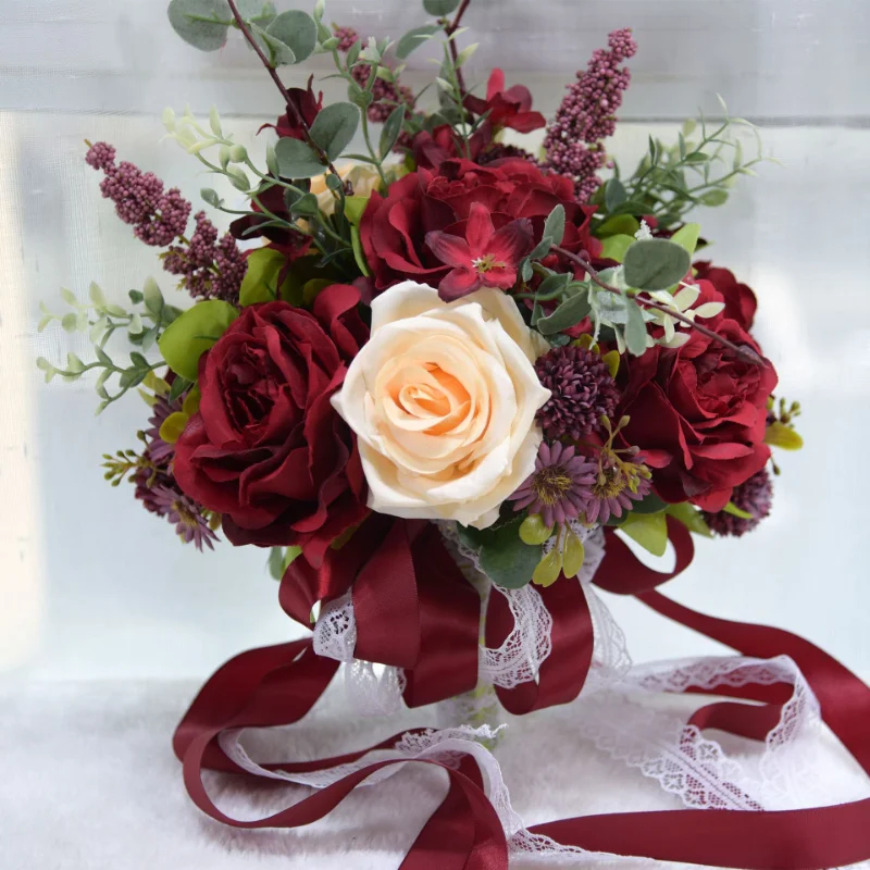 Burgundy Bridal Bouquets Wedding Bouquet Bridal Wedding Bridesmaid Ceremony Rustic Vintage Holding Flowers