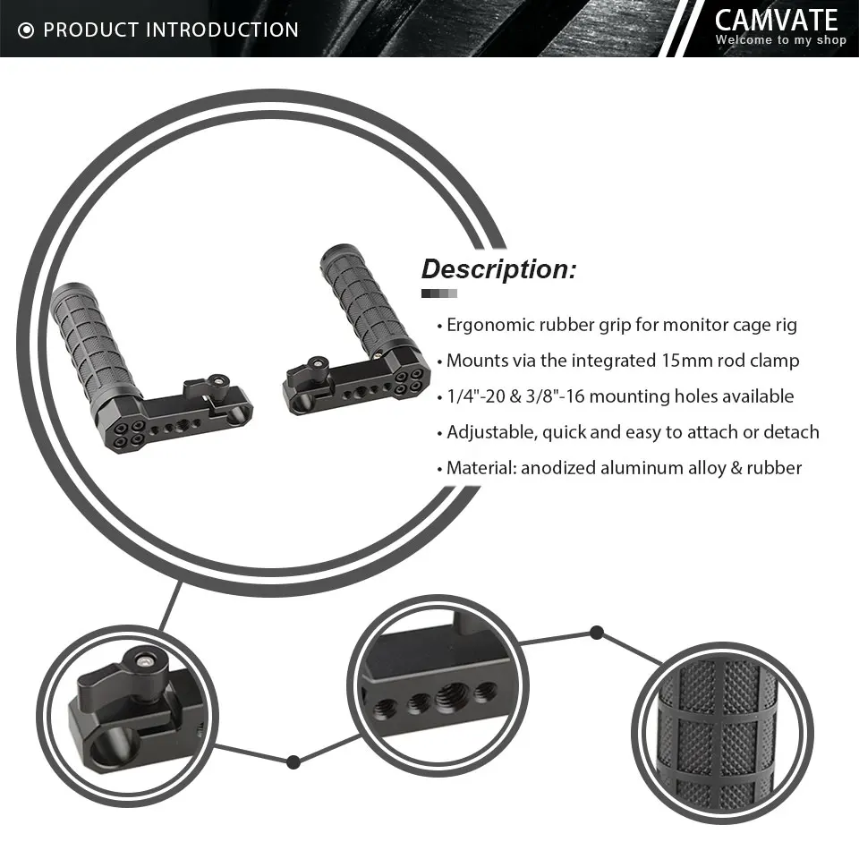 2Pcs Adjustable Rubber Handle & 15mm Rod Clamp &1/4"-20 3/8"-16 Mounting Holes D