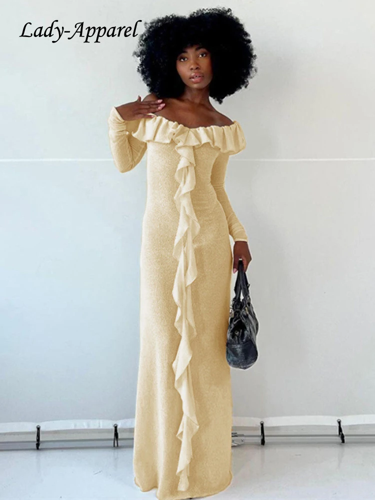 

INS Euphoria Style Boat Neck Off-shoulder Ruffles Maxi Dress Women 2023 Autumn Going Out Sexy Streetwear Slim Fit Slit Dresses