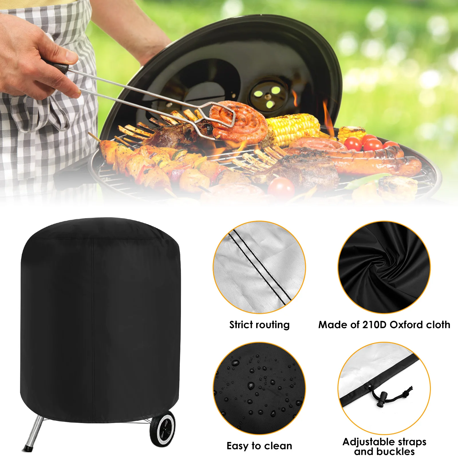 Grill Cover Waterproof Round BBQ Grill Cover Heavy Duty Outdoor Camping Barbecue Charcoal Fire Pit Stove Protection
