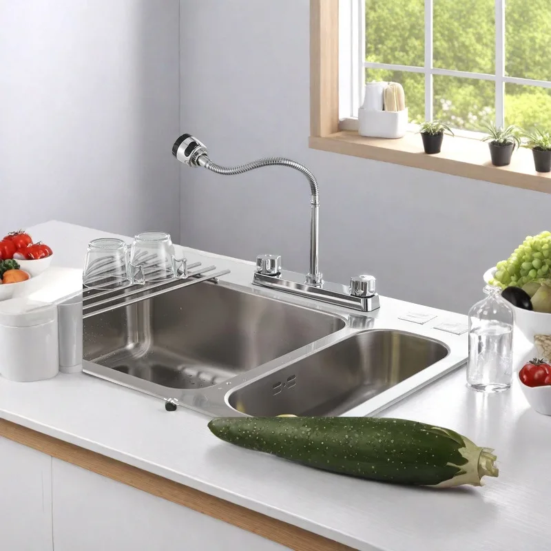 Kitchen Flexible 360° Rotatable Faucet Dual Handle Hot and Cold Water Faucet Splashproof 2 Outlet Modes Kitchen Tap