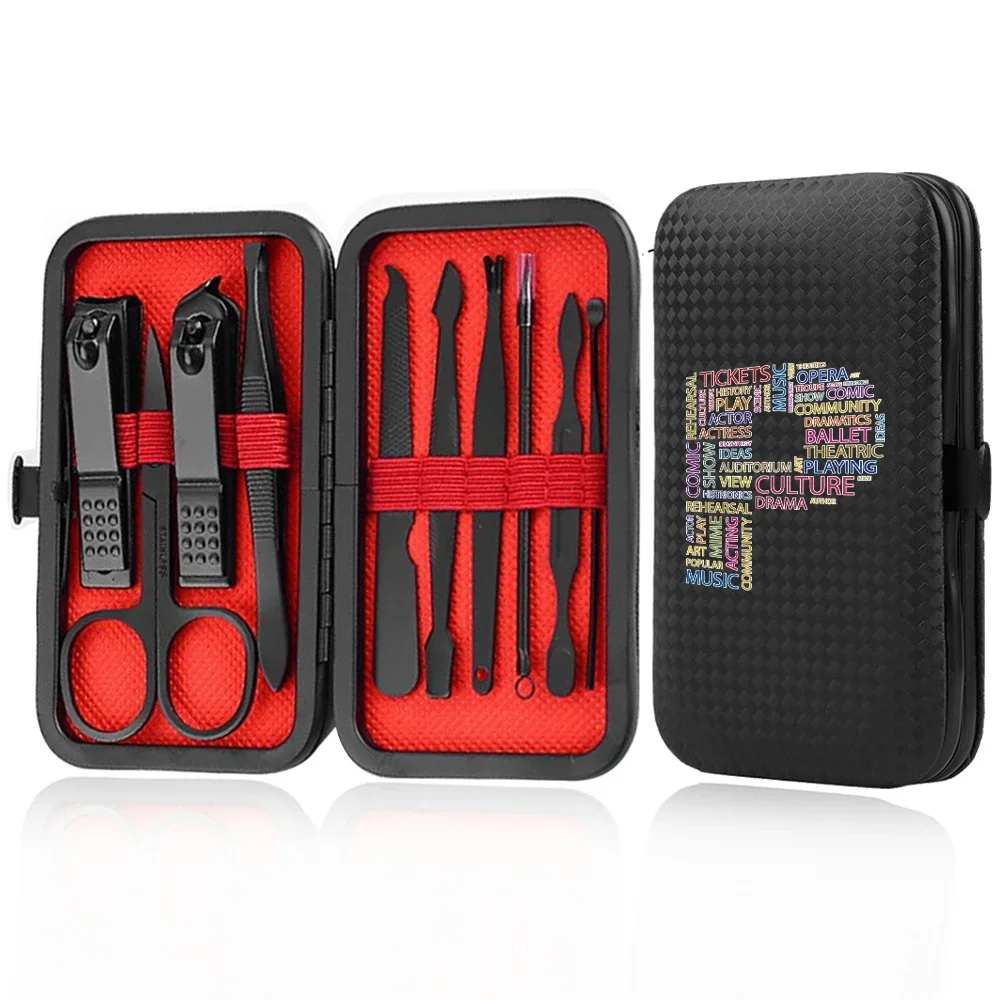 10Pcs PU Manicure Tools Set Stainless Steel Nail Clipper Kit Case Pocket Portable Organizer Pedicure Trimmer Text Letter Pattern