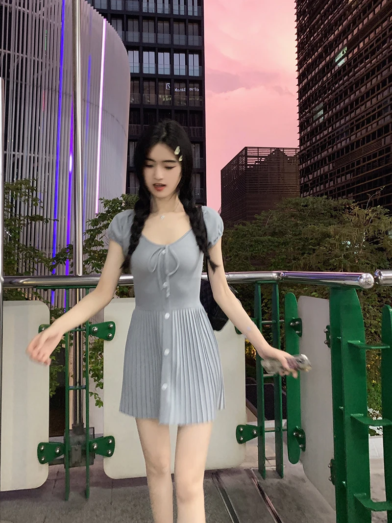 Sexy Knitted Dresses for Women V-neck A-Line Pleated Mini Dress Korean Fashion Solid Autumn Knitting One Piece Vestido Mujer New