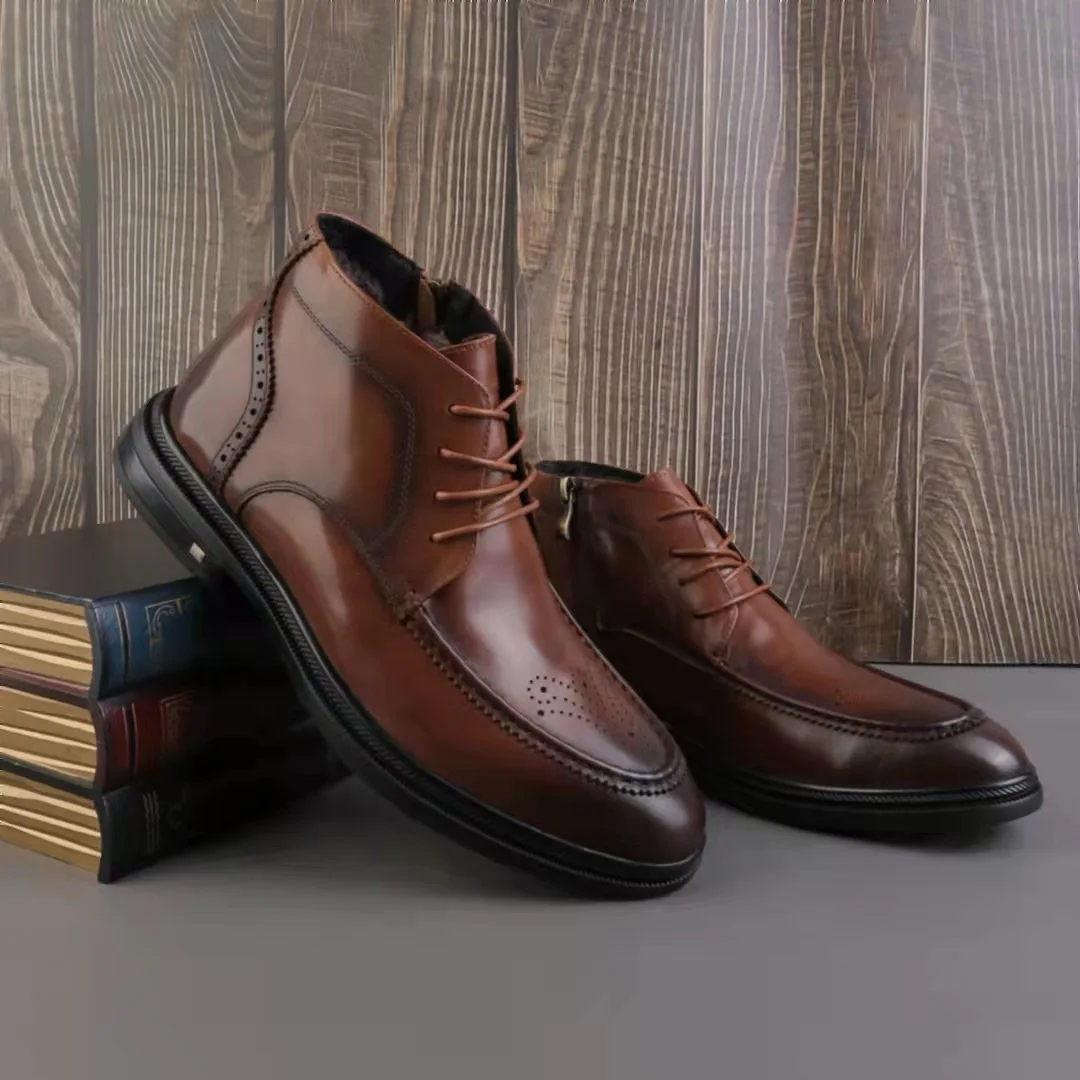 Withered Nordic Winter Men's Leather Boots -30 Business Cowhide Shoes Man Degrees Celsius Warm Wool Plush Ankle Boots
