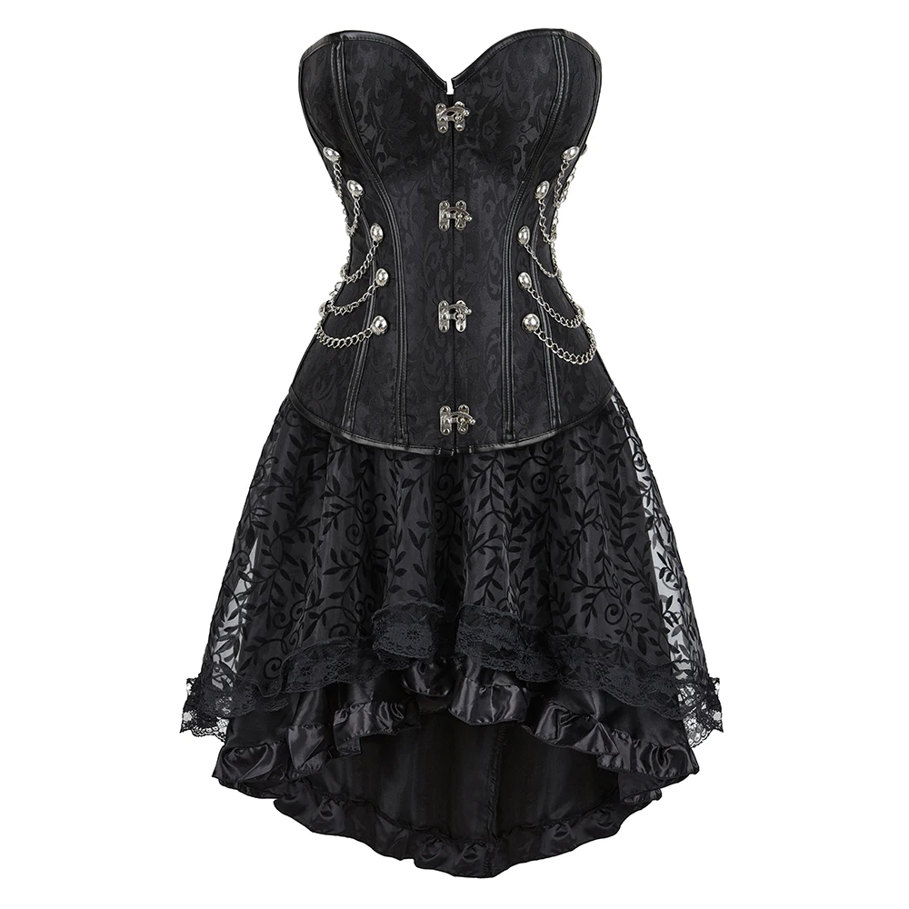 

Steampunk Gothic Corset Dress Set Black Overbust Bustier Top With Asymmetrical High Low Skirt