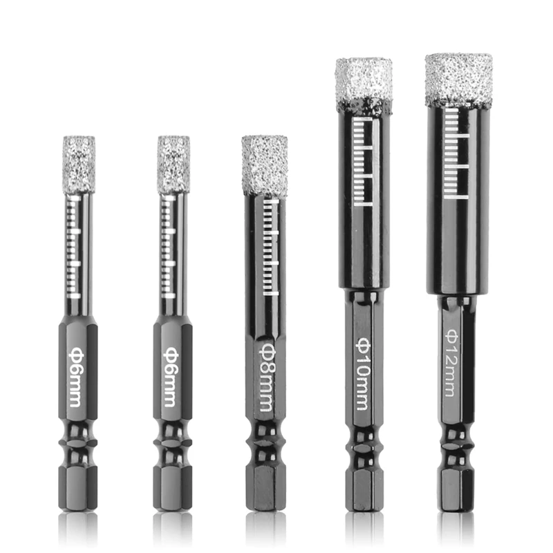 

Diamond Drill Bits Kit 5-Pack Dry Diamond Core Drill Bit Set For Ceramic,Granite,Tile,Glass,Marble,Brick,Size 6,8,10,12 Mm