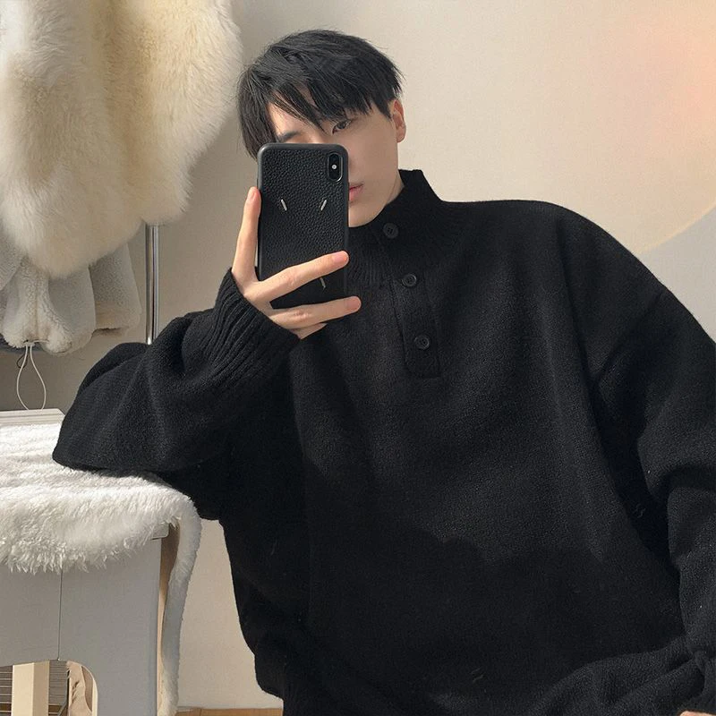 Unisex Knit Autumn Winter Button Turtleneck 2024 New Casual Long Sleeve Men Tops Fashion Oversized Trend Men Japanese Streetwear