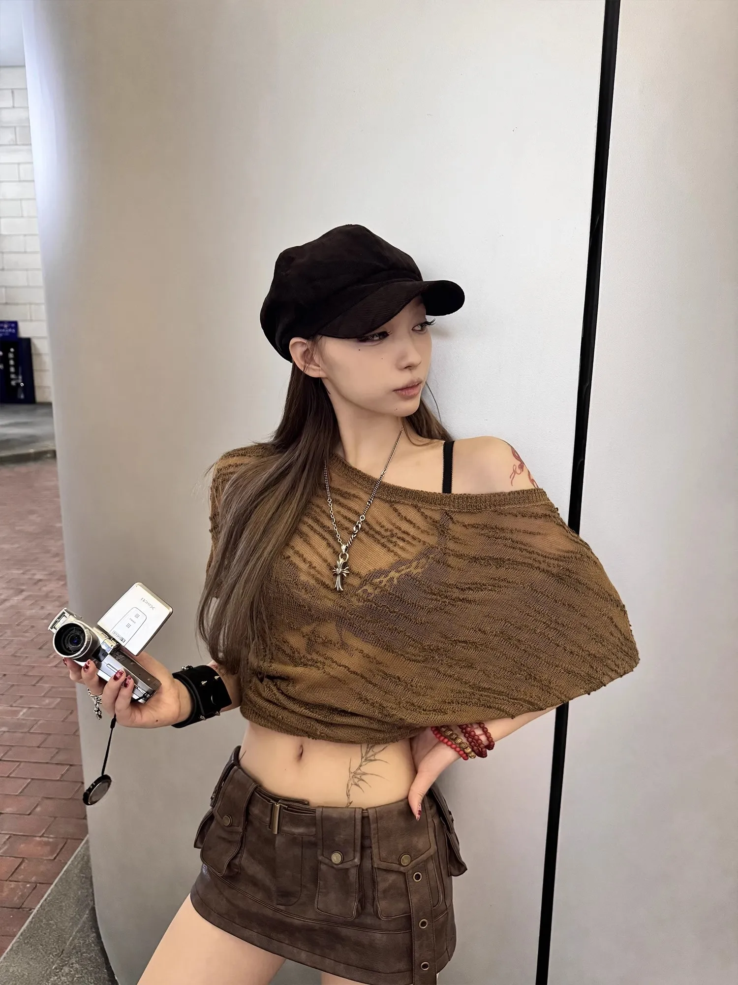 Lautaro Spring Summer Cool Sexy Vintage Distressed Brown Pu Leather Mini Skirt Women Three-dimensional pockets Belt Streetwear 3