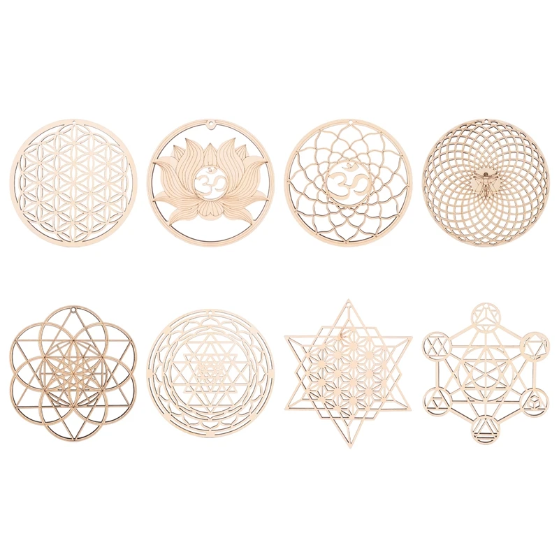 

8Pack 14Cm Wooden Wall Sign Flower Of Life Shape Coaster Wood Wall Art DIY Coaster Craft Making Geometry