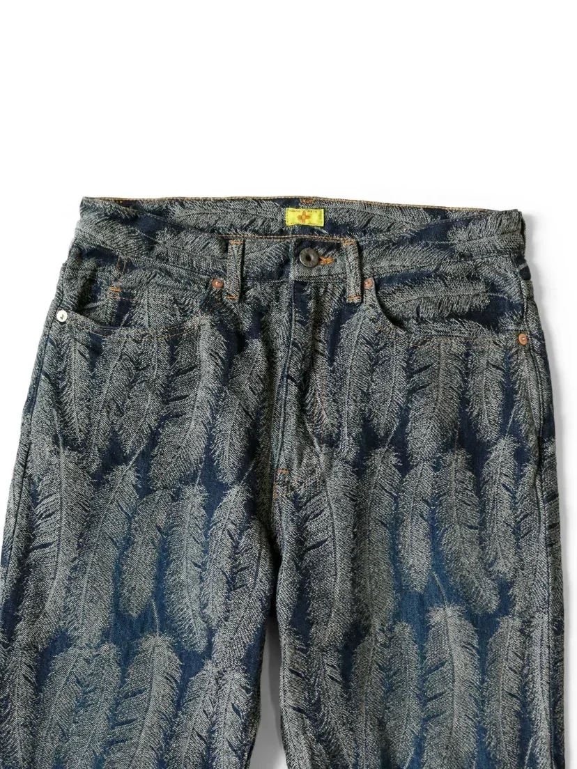 Japanese Style Hirata and Hiroshi Casual Denim Jacquard Feather Men's Women's Flared Loose Pants Versatile