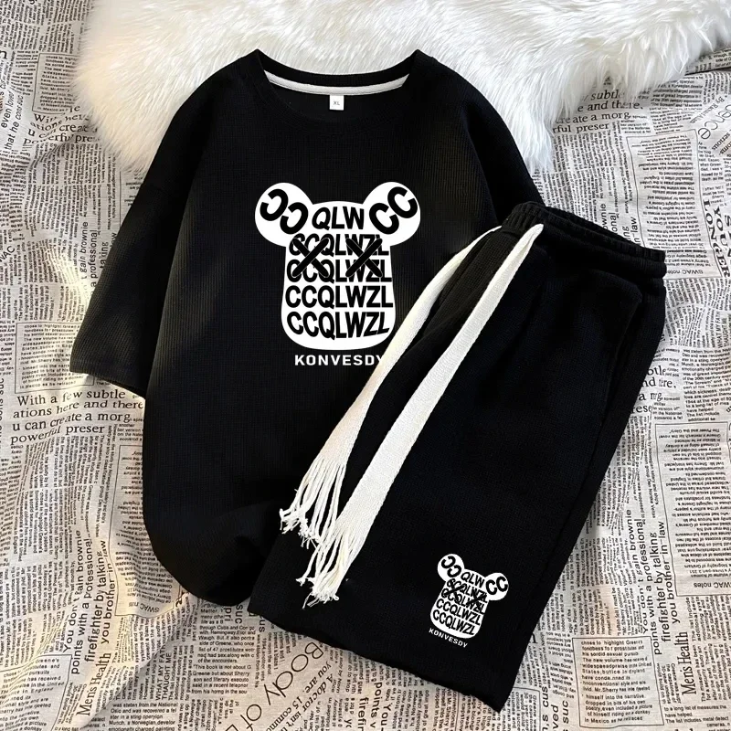 Conjunto de moda coreana con estampado de gofres para hombre, camiseta de manga corta y pantalones cortos, trajes para hombre, ropa deportiva, chándal UNISEX, conjunto de 2 piezas, conjuntos estampado