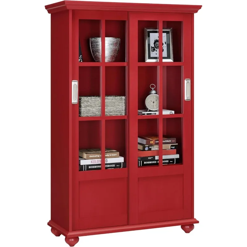 Ameriwood Home Aaron Lane Bookcase with Sliding Glass Doors, Red