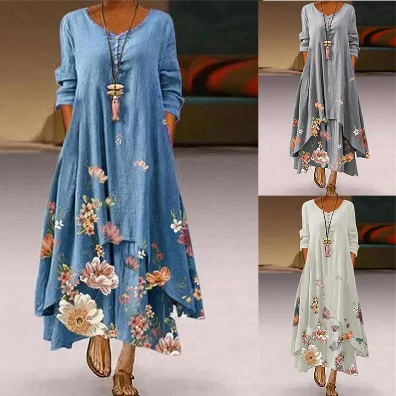 womens clothes Summer Floral Print Long Dresses Women O Neck Buttons Irregular Hem Maxi Dresses Loose Casual Beach Vestidos Dresses Plus Size mini dress