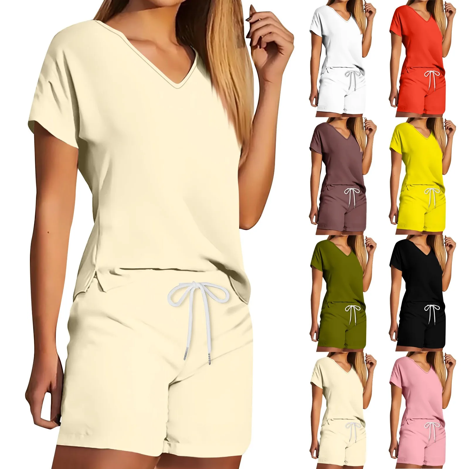 

Women's T-Shirt Shorts Sets Casual V Neck Regular Fit Summer Shirt Dressy Casual Solid Color Clothing Sets ropa de mujer ofertas