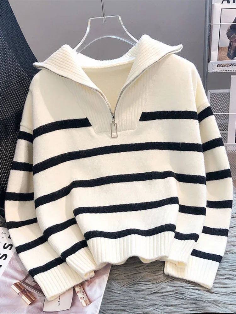 

Women Sweater Korean Fashion Thickening Women Long Sleeve Top Zipper Lapel Stripe Pullover Simplicity Women's Turtleneck E279