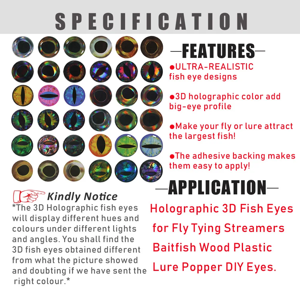 Wifreo 183PCS Holographic 3D 4D Epoxy Fish Eyes For Fly Tying Streamers Fishing Lures Wood Plastic Lure Making 3mm 4mm 5mm 6mm