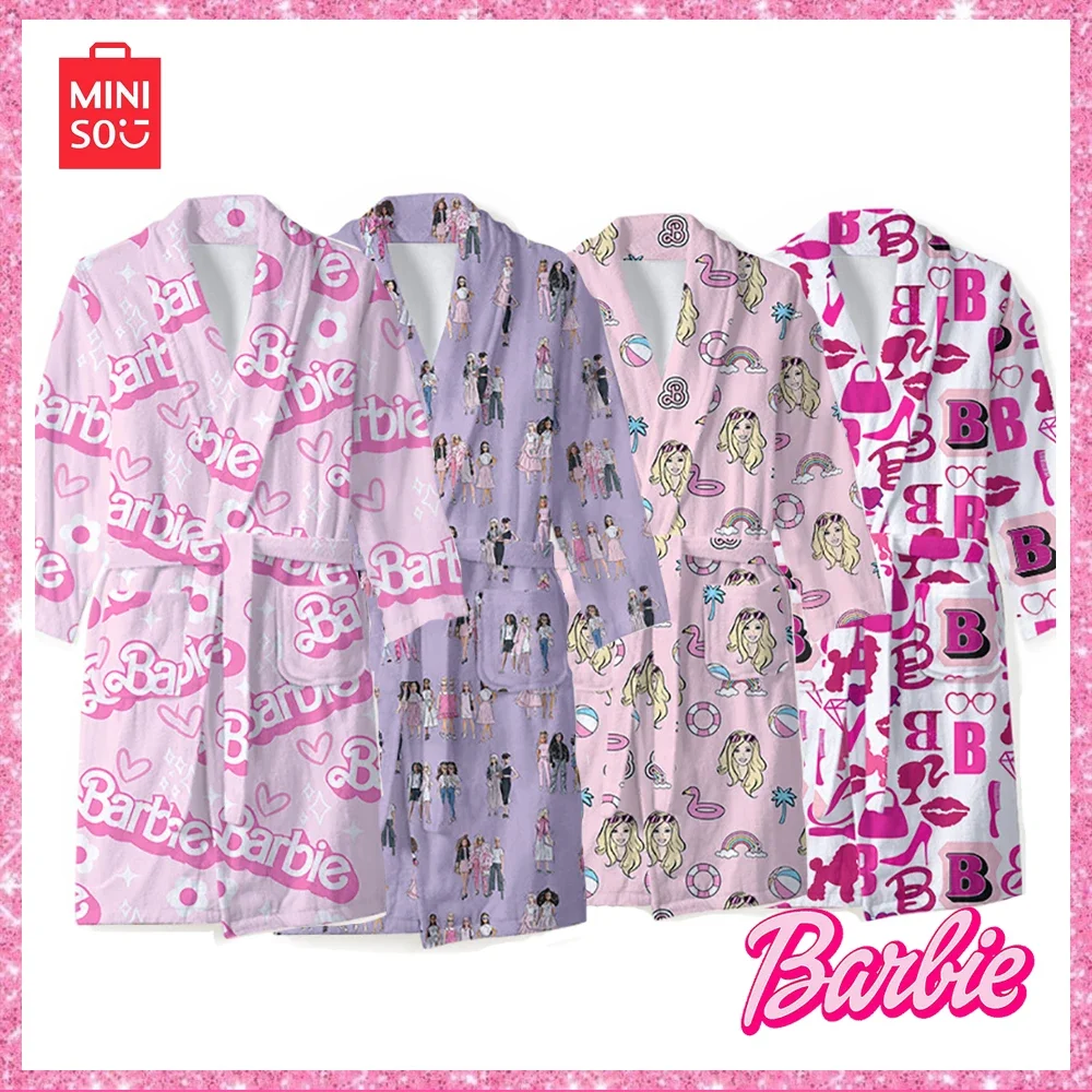 

Miniso Barbie 2024 New Printed Pattern Multicolor Winter Flannel Couple Pajamas Bathrobe Girls Homewear Birthday Gift