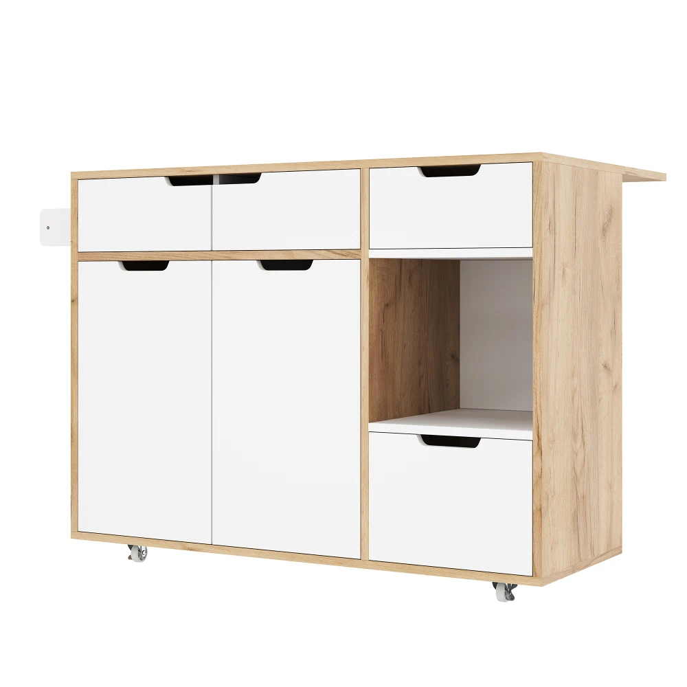 Kitchen Island with Cabinet Doors and Open Compartments Service Trolley with 360° Wheels and Drawers for Easy Mobility