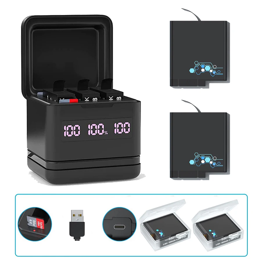 GoPro Hero 8/7/6/5 Battery, USB and Type-C Fast Charger, with High-Speed SD Card Reader Function, For GoPro Hero 8/7/6/5 Black