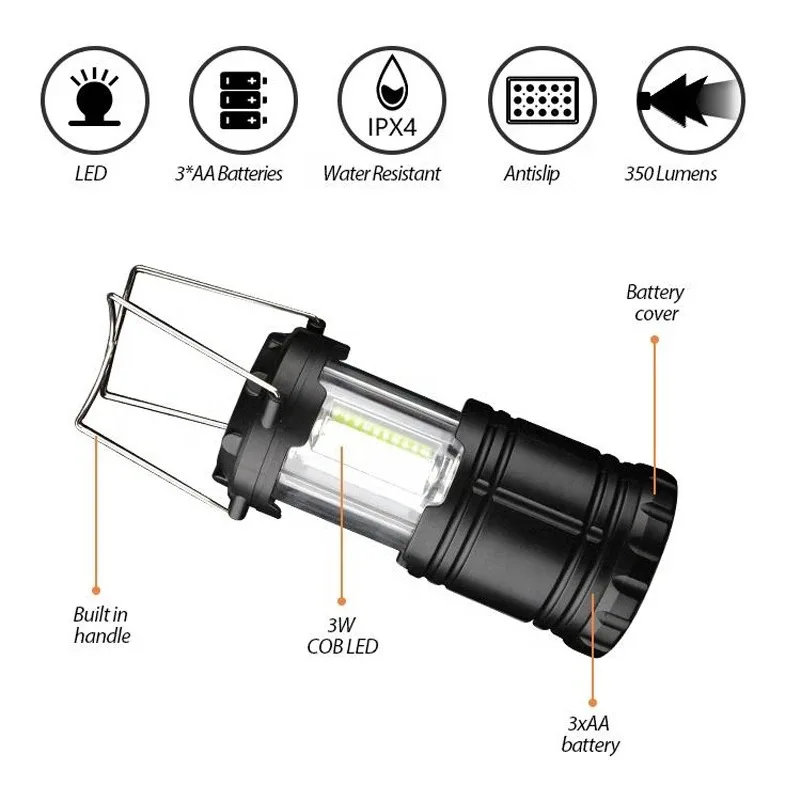 2 in 1 COB LED Camping Lantern Flashlight Foldable Waterproof