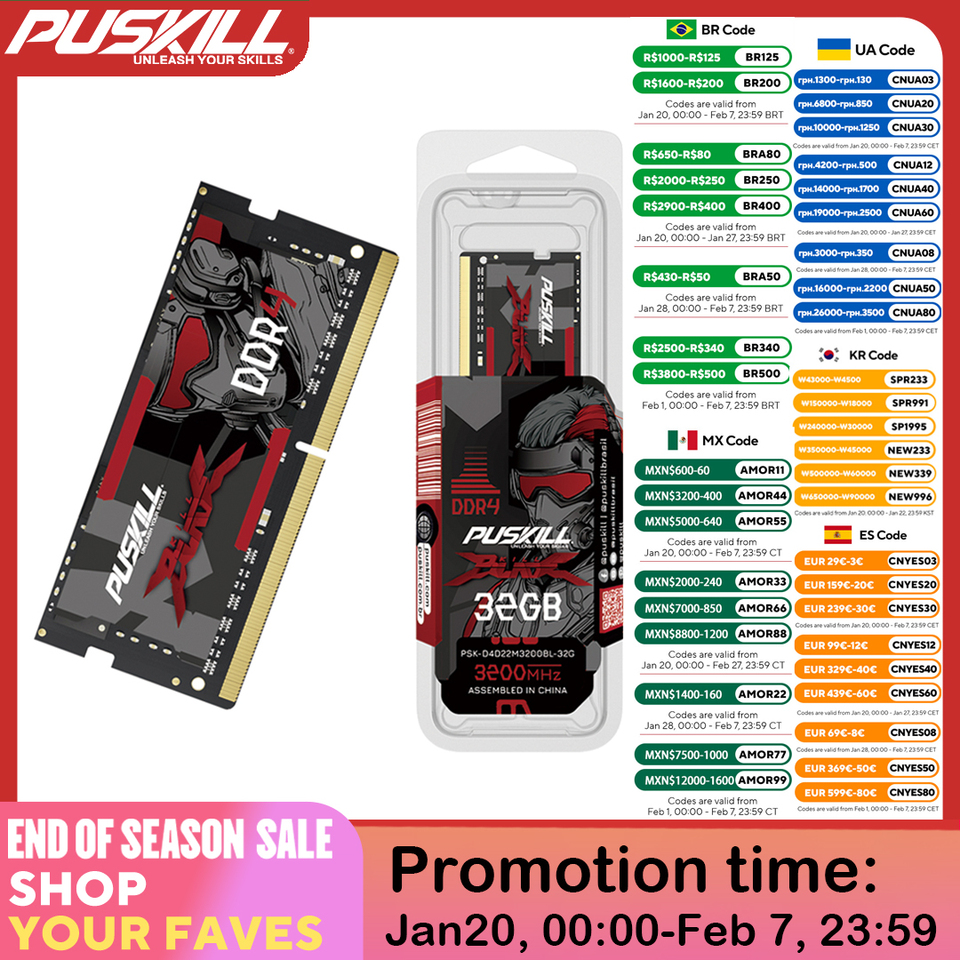 PUSKILL Memoria Ram Notebook DDR4 DDR3L 16GB 8GB 4GB 32GB 3200 2666 2400 1600 1333 Sodimm Laptop Memory