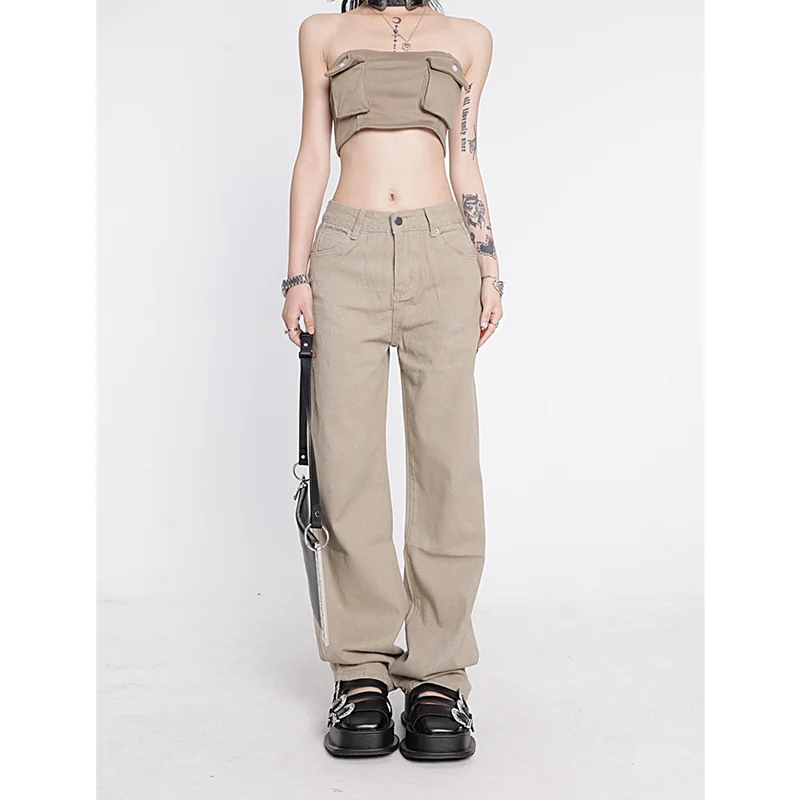 Women's Khaki Wide Leg Jeans Star Pocket Vintage Straight Pants High Waist Baggy Streetwear Casual Brown Denim Trouser Ladies