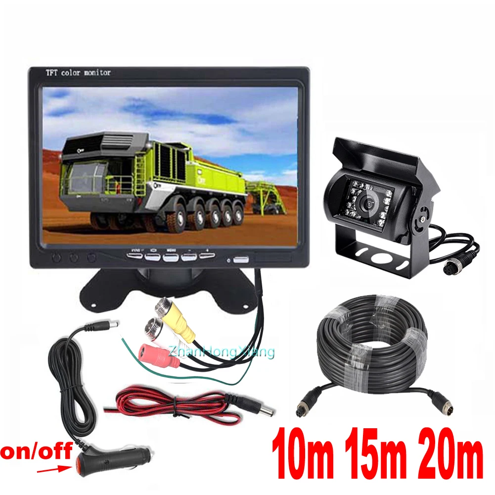 Caméra de Recul de visión trasera para coche Caméra de Marche Arrière , Monitor retrovisor LCD TFT de 7 pulgadas con Cable de 15m, 12V/24V, 4 pines, IR, visión nocturna, RV, autobús, camión