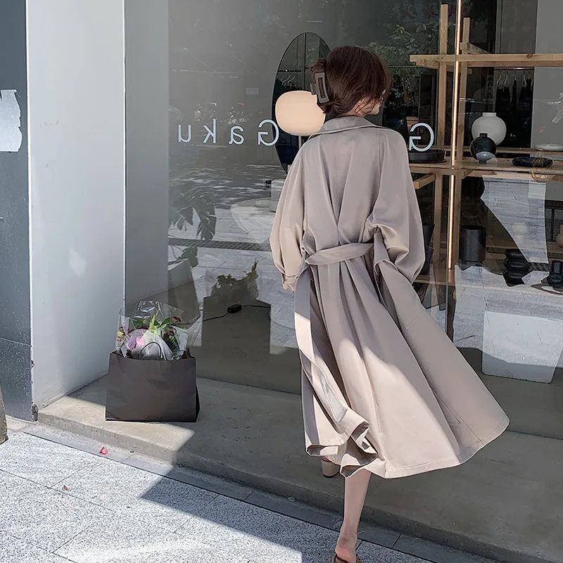 

Curry lapel tie waist windbreaker medium long sleeve coat early autumn temperament coat