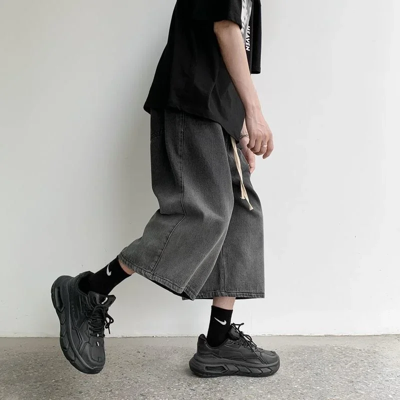 Men's Gradient Denim Cropped Pants Wide-leg Straight Loose Jeans Calf-length Pants men jeans denim pants