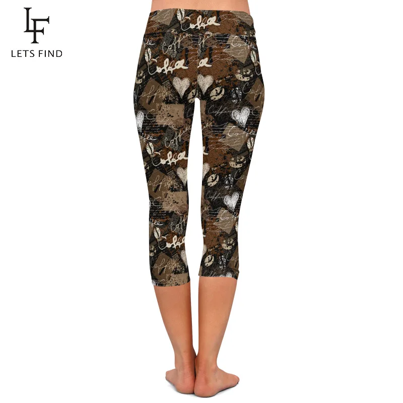 LETSFIND Fashion New Coffee and Heart  Printing Soft Women Capri Leggings High Waist Fitness Slim Mid-Calf Leggings