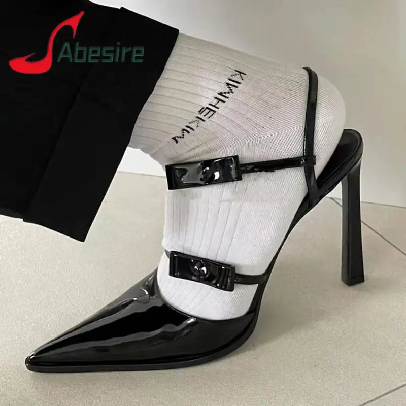 

Fashion Bow Women's Sandals Sexy Patent Leather Back Strap Thin High Heels Black White Pointed Toe Pumps Summer Female Shoes
