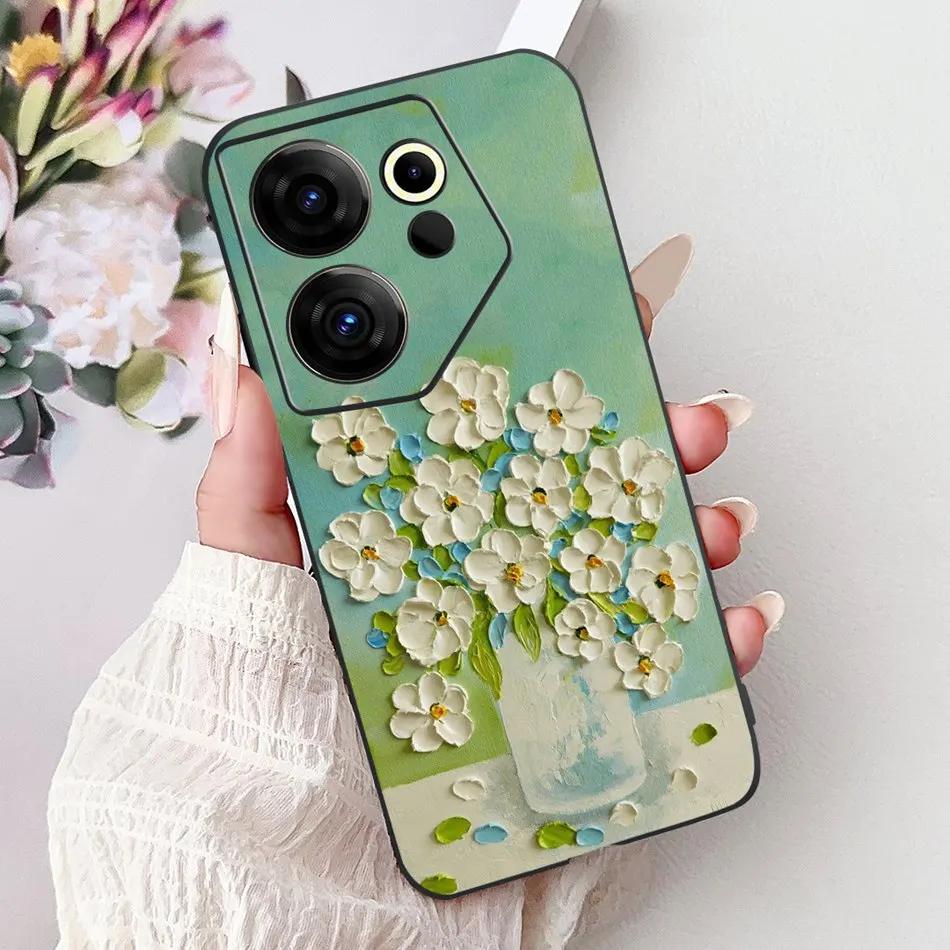 Tecno Camon 20 Premier Elegant Floral Cat Design Black Silicone Phone Case