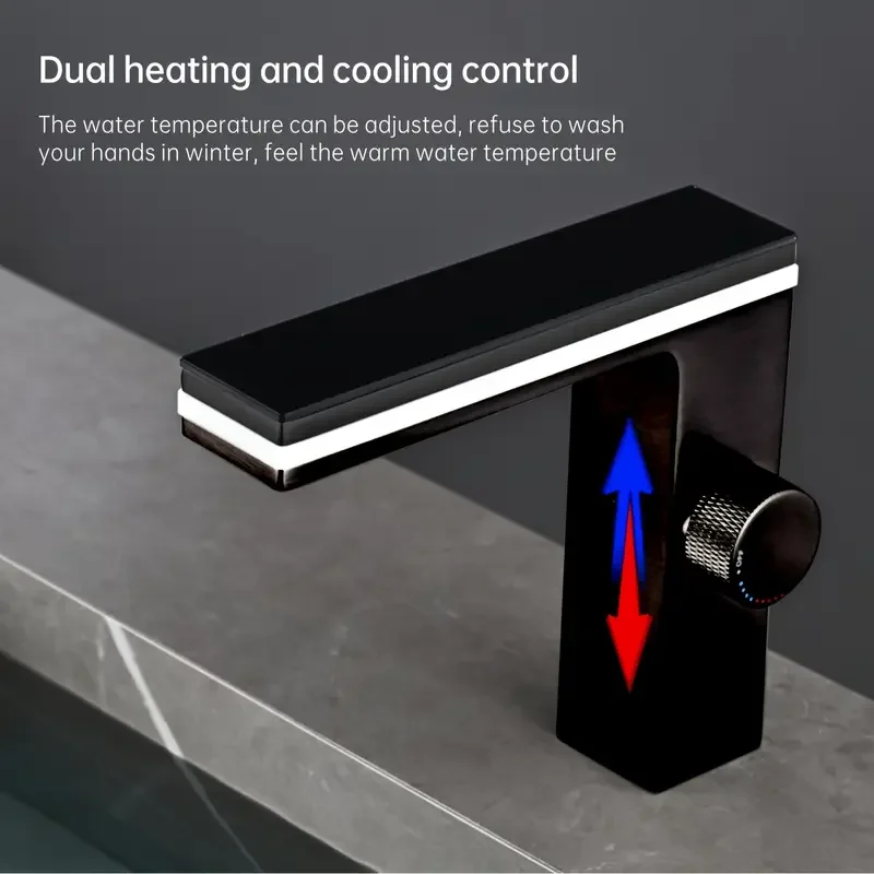 Modern Black Single Hole Bathroom Sink Faucet with Digital Temperature Display - Battery-Free Hydraulic Power