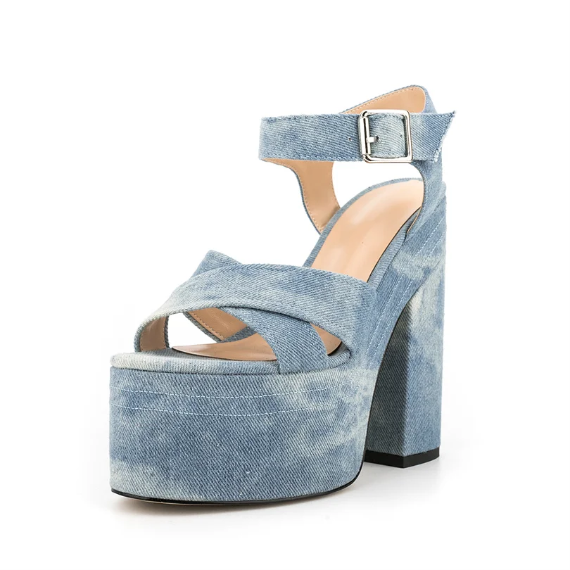 

Женские джинсовые сандалии 2023, брендовые дизайнерские женские туфли на высоком каблуке с открытым носком, элегантные босоножки из искусственной кожи на платформе 43, Прямая поставка