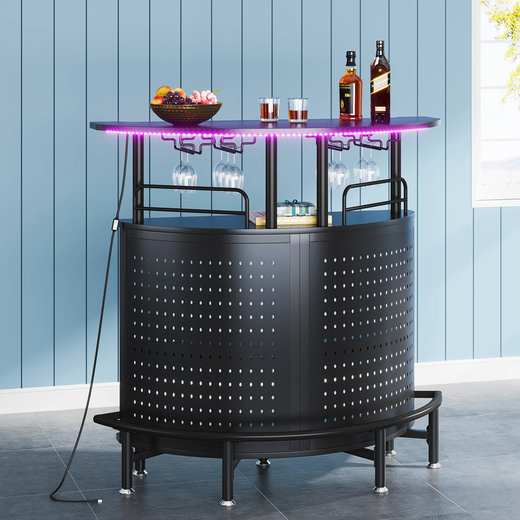 Tribesigns Home Bar Unit with LED Lights, 3 Tier Liquor Bar Table with Stemware Racks & Wine Storage Shelves