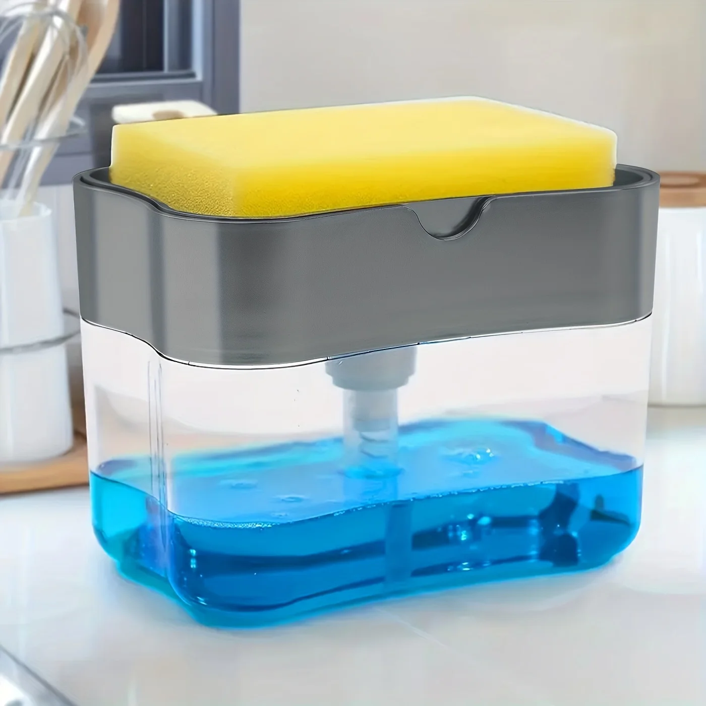 Dish soap pump dispenser and sponge holder metallic silvery for kitchen sink no sponge 1pc
