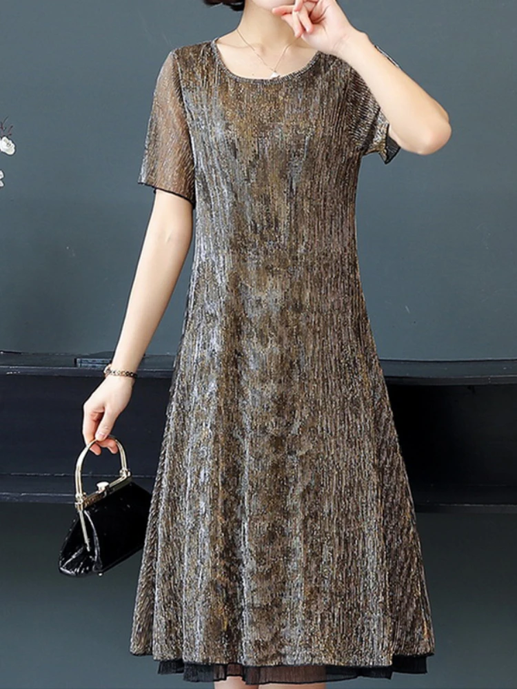 

Платье женское Сетчатое Плиссированное, повседневное свободное яркое шелковое платье средней длины, с прострочкой, лето 2023