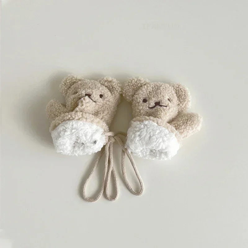 Baby Thicken Plush Warm Mitten Cute Cartoon Bear Girls Children with Rope Mittens Comfortable Windproof Boys Kids Outdoor Gloves