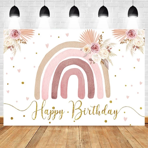 아기 첫 번째 생일 Boho 배경 사진 햇빛 무지개 꽃 나비 소년 소녀 생일 파티 배경, 사진 스튜디오 5