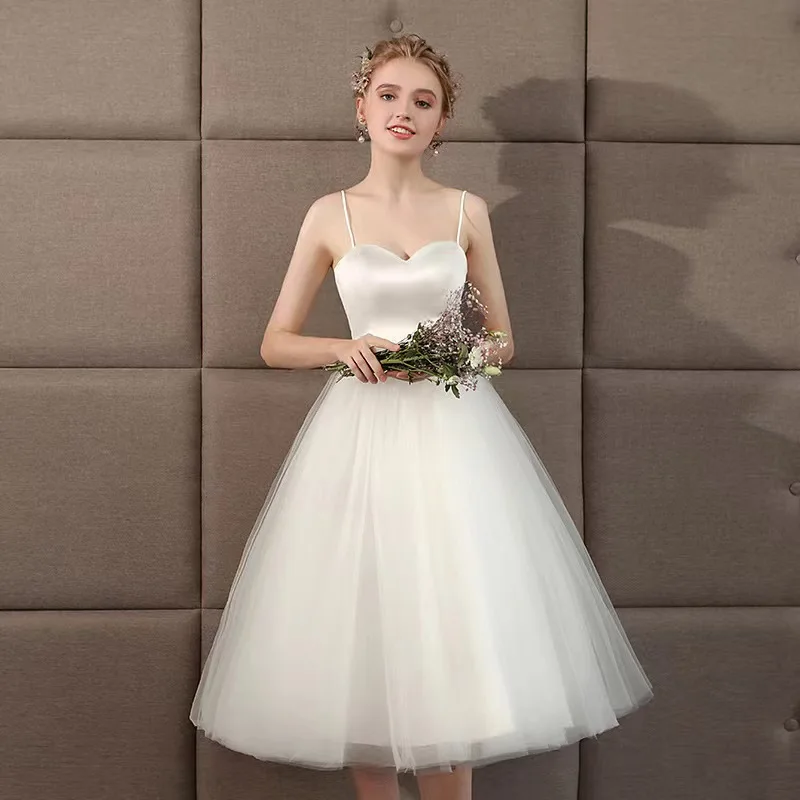 White Summer Women Spaghetti Straps Cocktail Dresses Sweetheart Party Evening A Line Soft Tulle Simple Cheap Short Wedding Gowns