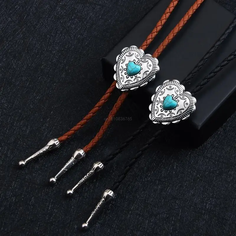 Elegant Bolo Tie with Heart Pendant Carved Necktie Western Necklace Cool Bolo Tie Western Cowboy Costume